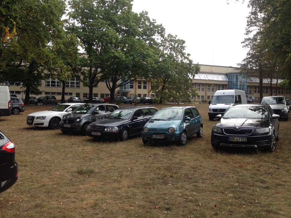 Wildes Parken auf der Wiese vor dem Mommsenstadion Haus